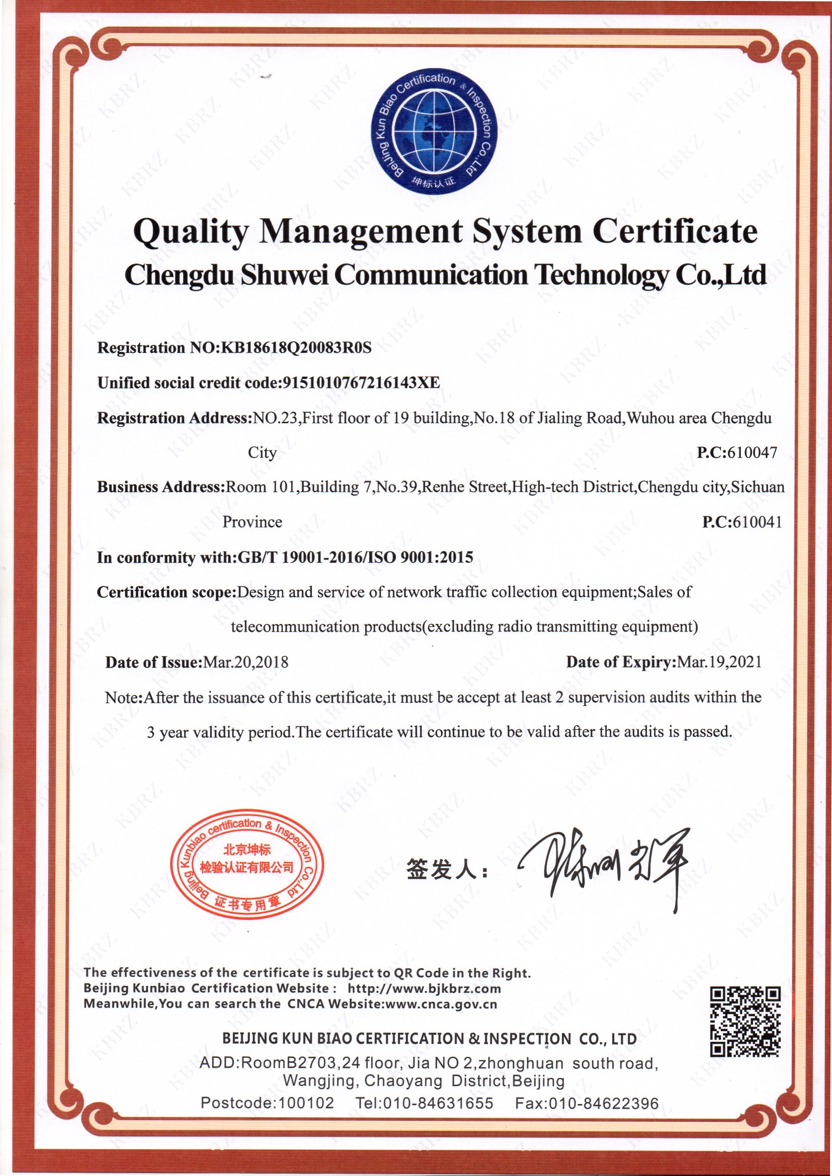 China Chengdu Shuwei Communication Technology Co., Ltd. Certificaciones
